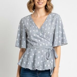 LOFT Gray Polka Dot Wrap Blouse size large cotton‎ Fairycore cottagecore